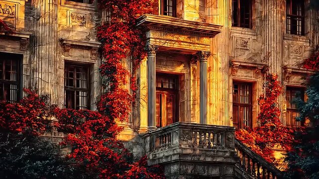 Elegance of a Grandiose Mansion's Fa?ade Adorned with Vibrant Autumnal Foliage Amidst a Golden Sunset Glow
