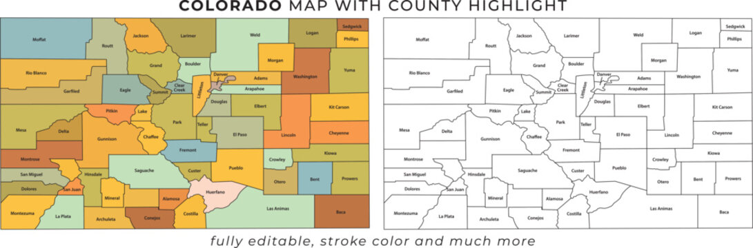 Colorado county map with highlighted areas vector illustration geography and planning tool