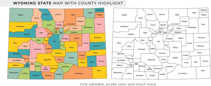 Wyoming state map with county highlights and detailed geographical outline illustration