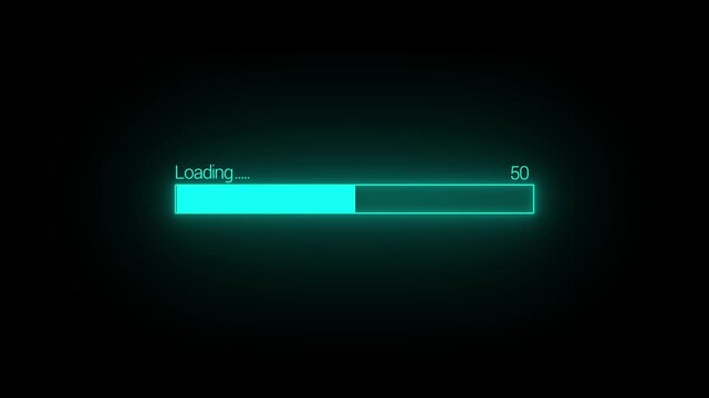 A vibrant turquoise loading bar dominates a dark background displaying the word loading and a 90 percent completion rate high quality professional