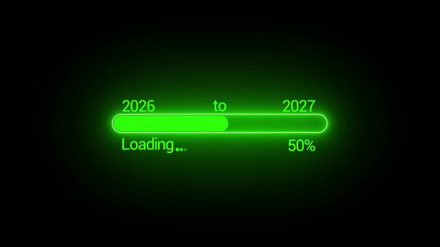 A vibrant green loading bar displays progress from 2026 to 2027 indicating a future event with 50 completion high quality professional detailed