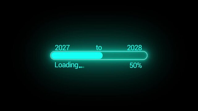 A vibrant teal loading bar displays progress from 2027 to 2028 indicating a ten percent completion status with the text loading
