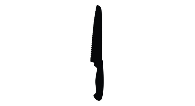 A stark black silhouette of a kitchen bread knife with serrated edge
