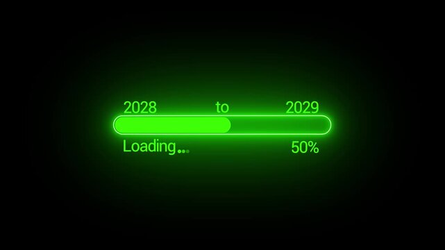 A vibrant green loading bar displays progress from 2028 to 2029 indicating a process currently at the 50 completion stage high quality