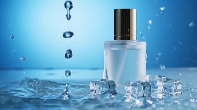 Elegant frosted glass perfume bottle featuring cool water droplets splashing near clear ice cubes in motion video footage