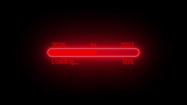 A vibrant red neon loading bar is prominently displayed against a stark black background indicating progress from 2026 to 2027 high quality