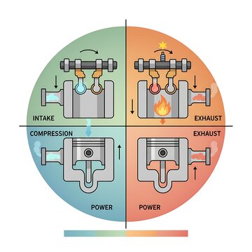Four stroke engine cycle diagram showing intake compression power and exhaust