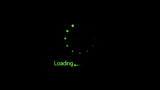A dark screen displays a circular loading animation comprised of small bright green dots and the text loading below high quality professional