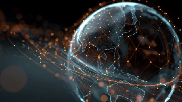 Digital globe with glowing network connections and particles representing global communication and data transfer