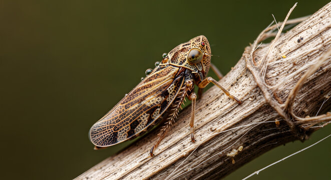 Macro shot of a leafhopper insect with water droplets on its back resting on a dry twig