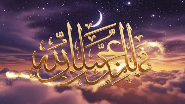 Golden Islamic Calligraphy Art Floats in a Dreamy Twilight Sky Above Clouds with Moon and Stars