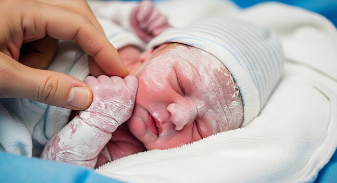 Newborn baby with vernix caseosa being held by adult hand wrapped in white blanket