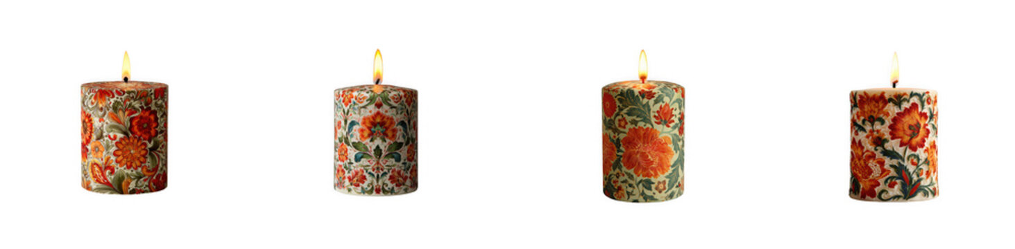 Burning floral pillar candles with vibrant orange and red patterns on a white background. isolated on transparent background