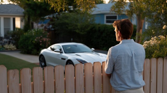 Man enviously watching wealthy neighbor park luxury sports car from behind a fence, ideal for envy sin concept, social inequality, jealousy emotion, material comparison, modern psychology, symbolic