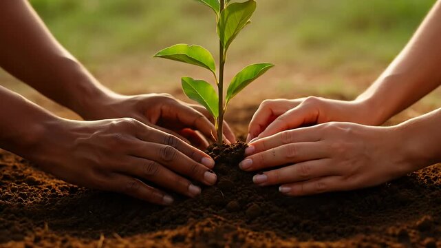 Diverse hands carefully planting a young tree sapling into fertile soil