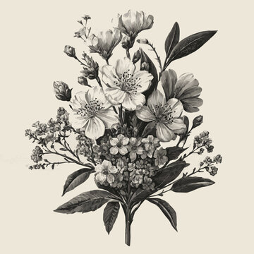 Vector illustration of a flower. Vintage engraved wildflower bouquet with multiple blossoms, buds and leaves vector art of white background