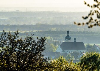 Malowniczy widok na zabytkowy kościół pośród drzew. Wiejski krajobraz spowity delikatną poranną mgłą, z lasami w tle pod jasnym niebem. Idealne ujęcie nastrojowej, polskiej prowincji. © Henryk Niestrój