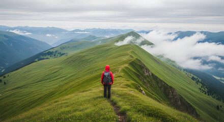 Obraz premium A lone hiker admires the misty mountain landscape ahead
