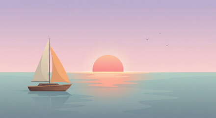 Fototapeta premium Sailboat At Sunset On Calm Sea With Pastel Sky And Reflective Water Horizon.