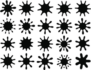 A collection of twenty black ink splatter shapes shows various abstract liquid burst patterns suitable for grunge design.