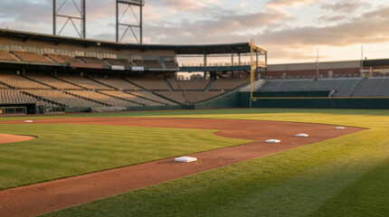 Obraz premium Empty baseball stadium field at sunset