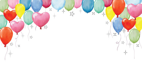birthday Celebration hand drawn banner frame, watercolor confetti balloons symbols of birthday party, colorful border frame design holiday greeting card and invitation background © Grafiona