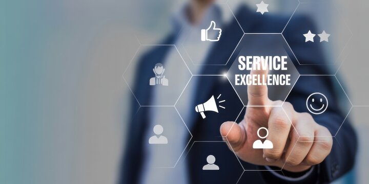 Service Excellence and User Experience: A professional's finger hovers over the words Service Excellence, symbolizing commitment to quality and user satisfaction.