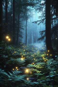 Experience the magic of an enchanted forest at twilight, where glowing fireflies illuminate the misty woods. A serene and tranquil scene perfect for nature lovers.