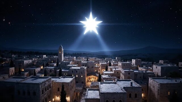 A starry night scene of a historic town under a bright star and its light