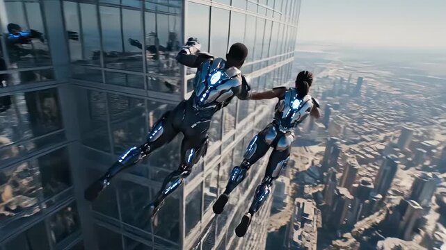 Futuristic couple in high-tech powered armor scaling a modern skyscraper with incredible speed and agility, overlooking a vast, sunlit cityscape reflected in the glass facade
