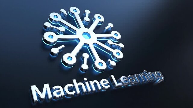 Futuristic machine learning network icon with glowing metallic text