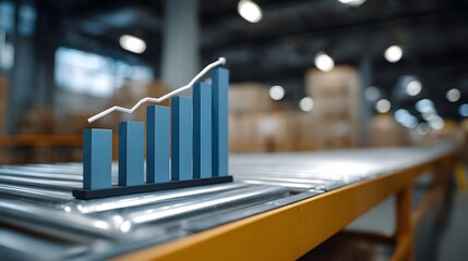 Fototapeta premium A 3D bar chart illustrating upward growth is placed on a roller conveyor in a blurred industrial warehouse
