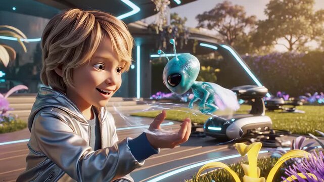 Smiling child gently touching a friendly alien creature with glowing wings in a lush, futuristic garden, symbolizing a harmonious blend of nature, technology, and imagination