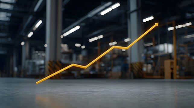 A yellow growth arrow graph dynamically ascends across the floor of a vast empty industrial warehouse signifying business success and progress