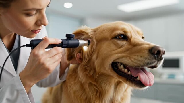 Veterinarian examining a Golden Retriever's ear with an otoscope in a clinic