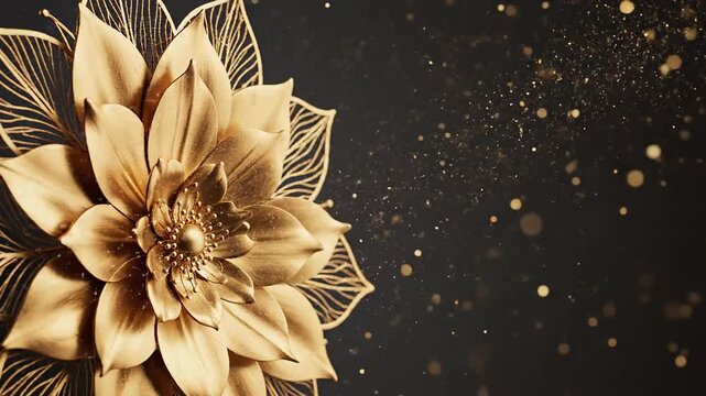 Luxurious Golden Flower with Delicate Filigree Petals and Sparkling Golden Dust Particles on Dark