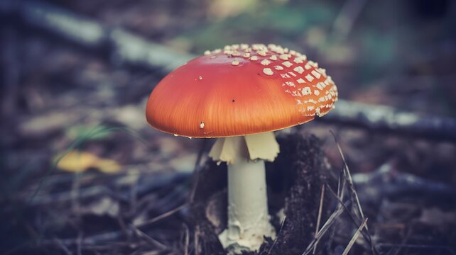 Vibrant red mushroom growing in a forest setting with white spots on its cap.