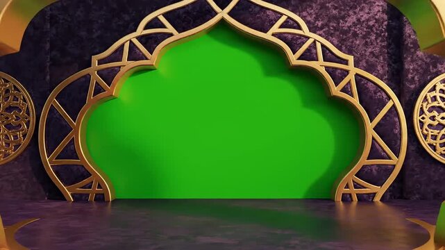 Luxurious Golden Islamic Archway Stage with Green Screen for Customization, Festive Ramadan or Eid