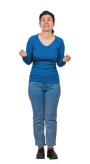 Fototapeta premium Full length portrait of an angry young woman holding fists tight and clenching teeth as scolding someone. Furious and anxious lady with negative emotions isolated on transparent background