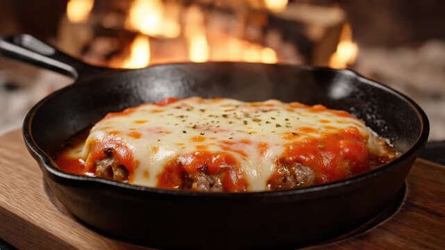 Hot cheesy dish in cast iron skillet by a cozy fire