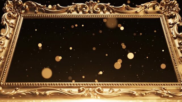 Luxurious Golden Ornate Picture Frame Border with Floating Golden Particles and Bokeh Effect on Dark