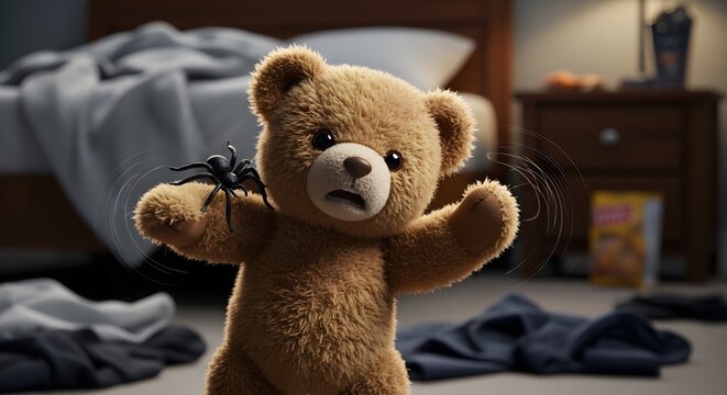 Scared Teddy Bear Panicked by a Spider in a Messy Bedroom