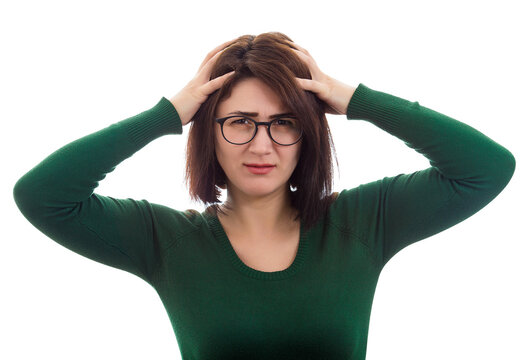 Desperate woman showing distress emotion, clutching heads and messing hair in stress and anxiety isolated on transparent background. Headache and emotional struggle, mental health problems