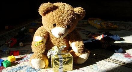 Naklejka premium Sunlit Teddy Bear with Golden Gift and Playful Toys
