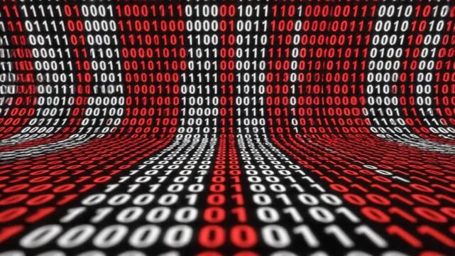 Digital binary code stream on black background with red accents