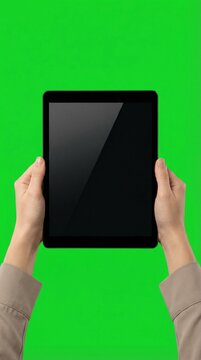 Hands holding a dark tablet device vertically against a bright green screen background, suitable for product mockups and digital integration.