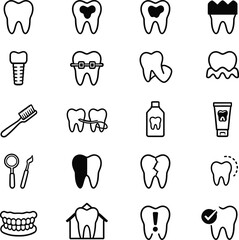 Collection of dental care and oral hygiene line icons including teeth, braces, and tools.