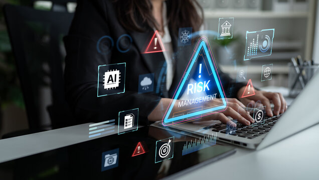 Futuristic risk management featuring AI agents analyzing data, detecting anomalies, and predict financial threats. Represents dynamic risk assessment, compliance, and cyber resilience. Corpus