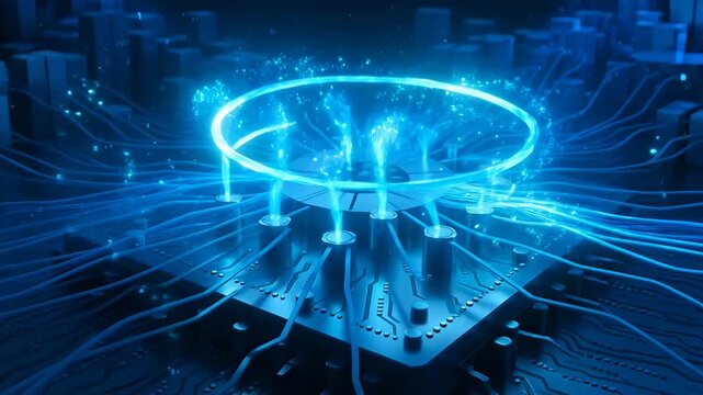 Futuristic glowing blue circuit board with circular energy field and data streams