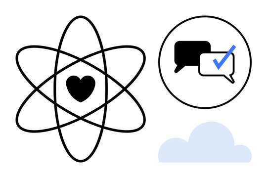 Atomic structure with heart core, chat bubbles with a checkmark, and cloud shape. Ideal for science, communication, connectivity, collaboration, love technology innovation. Simple flat metaphor